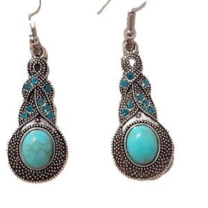 New faux turquoise drop earrings 1.5" silver tone blue rhinestones